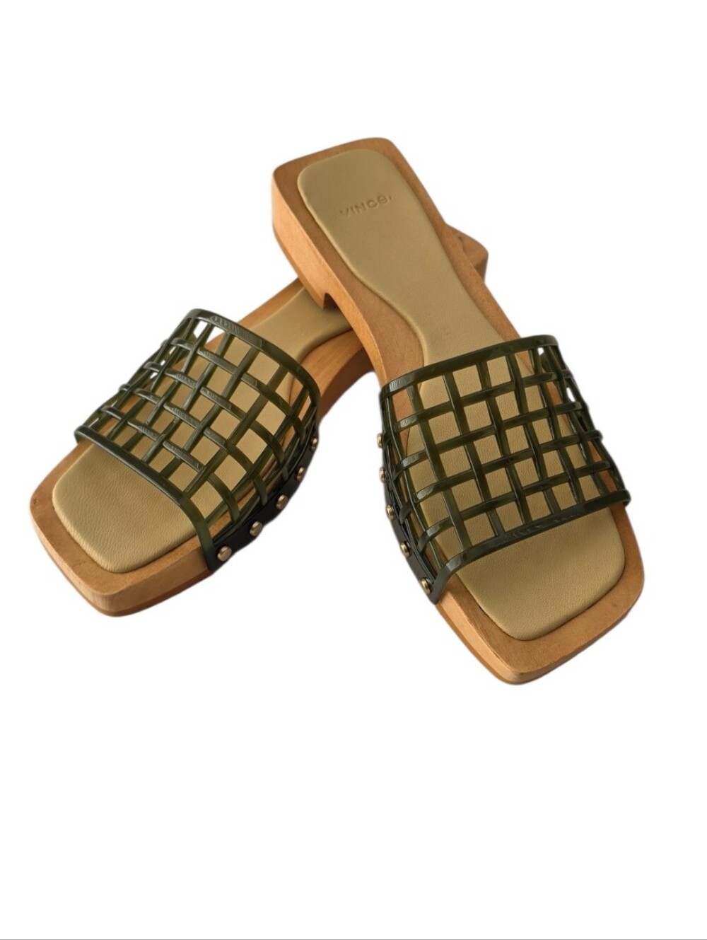 VINCE Chive Wood Slide Sandals Olive Cage Leather Size 9 M - Picture 2 of 9
